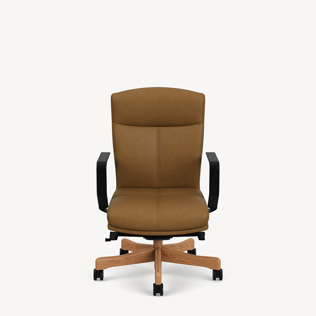 6901-mid-back-knee-tilt-black-cantilever-arm-brown-leather-cherry-wood-front