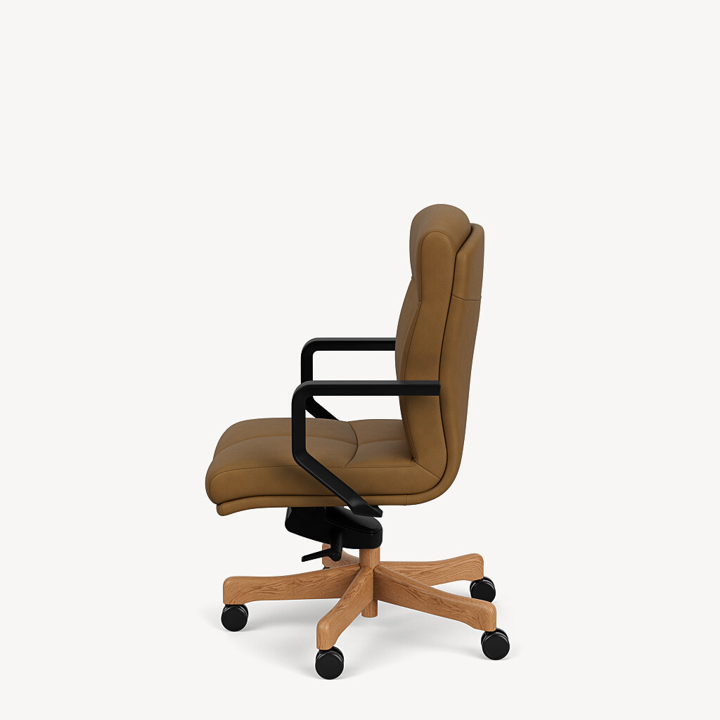 6901-mid-back-knee-tilt-black-cantilever-arm-brown-leather-cherry-wood-side