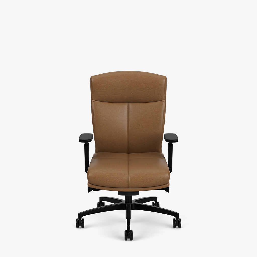 6901-mid-back-split-shell-black-framework-height-adjustable-arm-brown-leather-front