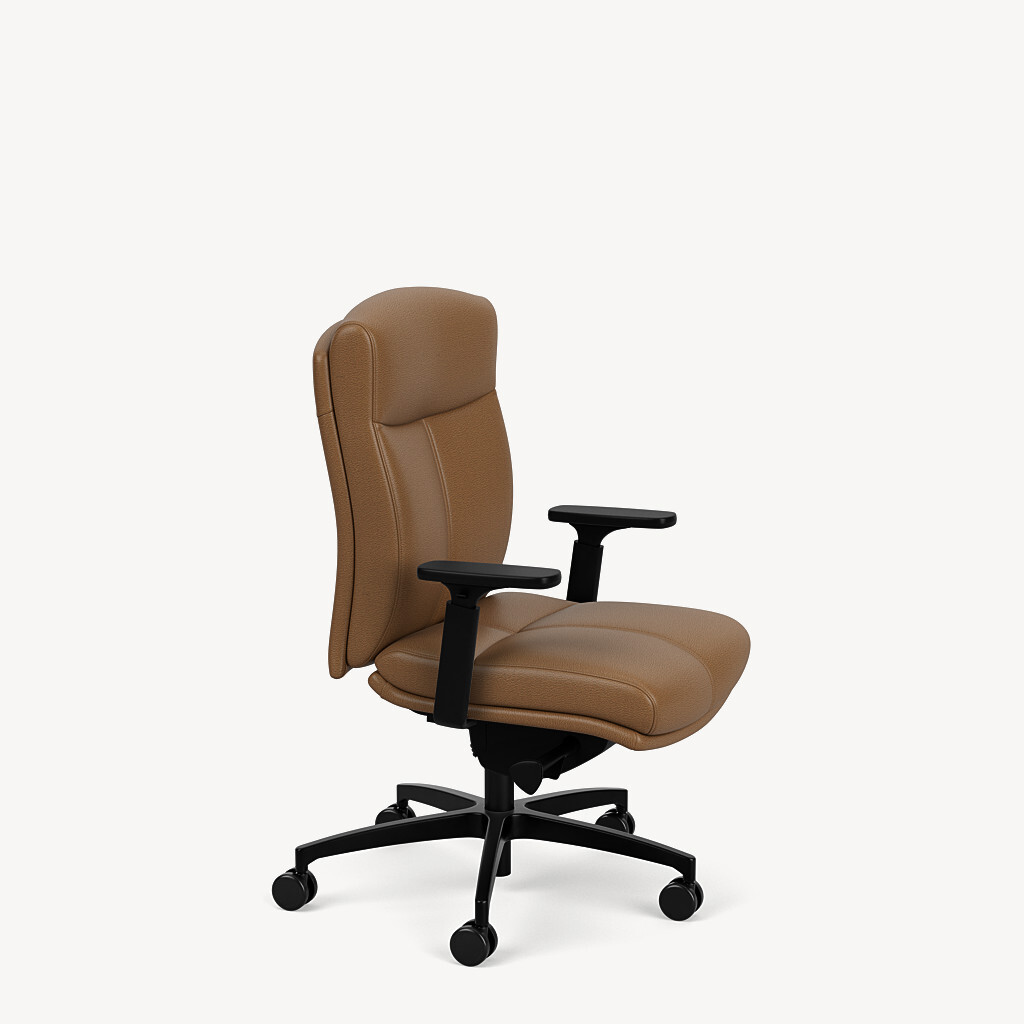 6901-mid-back-split-shell-black-framework-height-adjustable-arm-brown-leather-front45