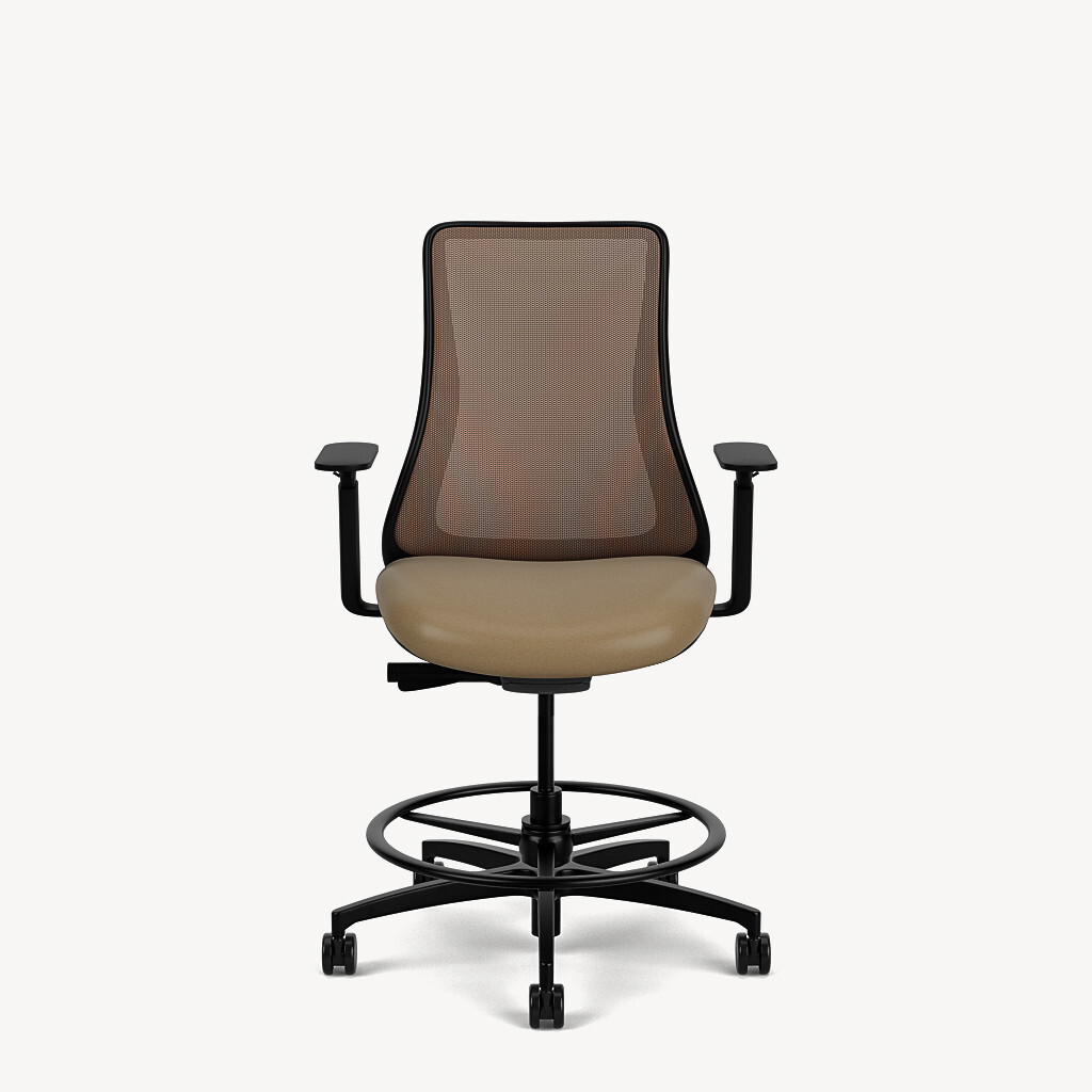 405S-stool-black-framework-natural-copper-mesh-dynamic-arm-taupe-seat-front
