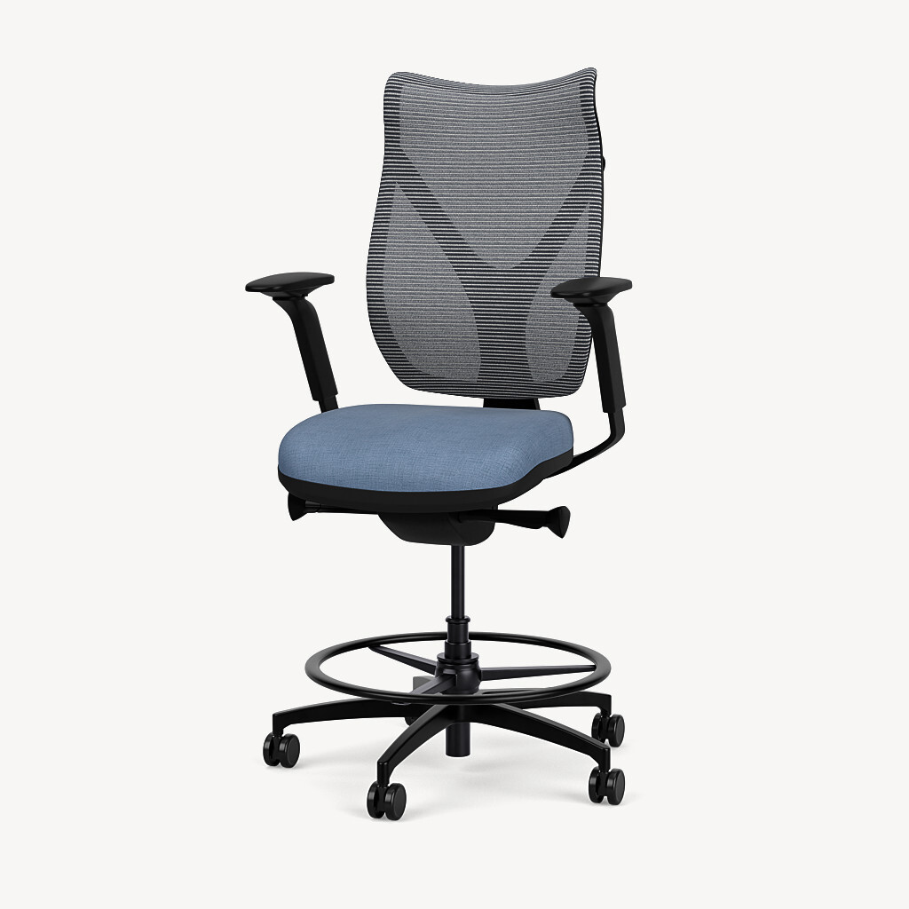 205T-black-framework-grey-mesh-adjustable-arm-blue-upholstered-seat-front45