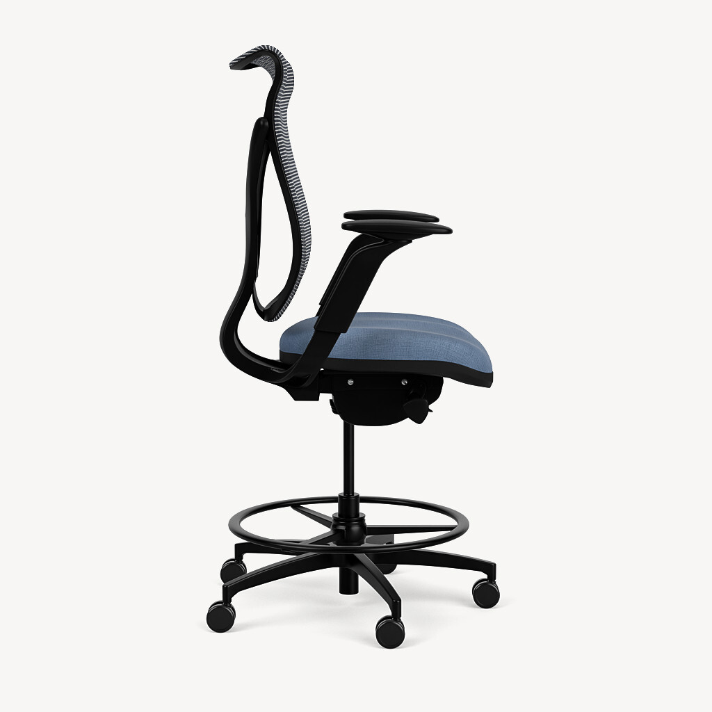 205T-black-framework-grey-mesh-adjustable-arm-blue-upholstered-seat-side