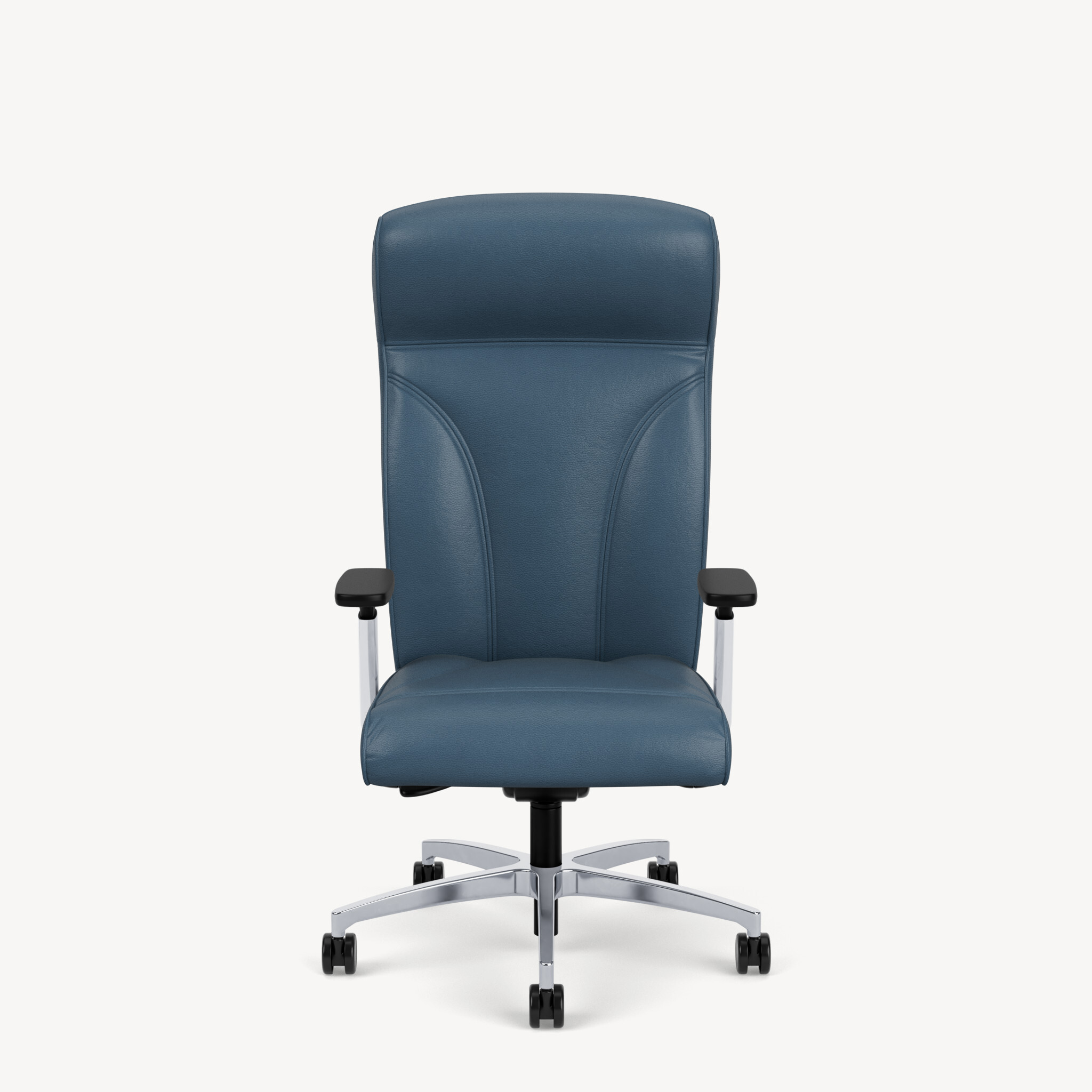 Oslo-high-back-polished-adjustable-arm-polishedbase-blue-leather-front