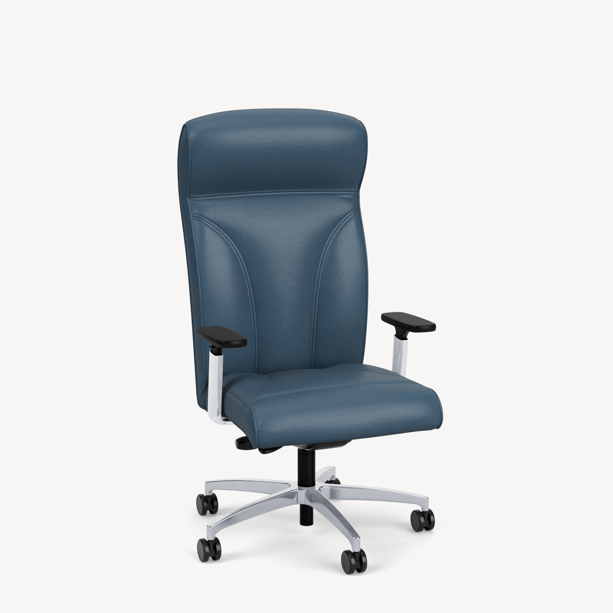 Oslo-high-back-polished-adjustable-arm-polishedbase-blue-leather-front45