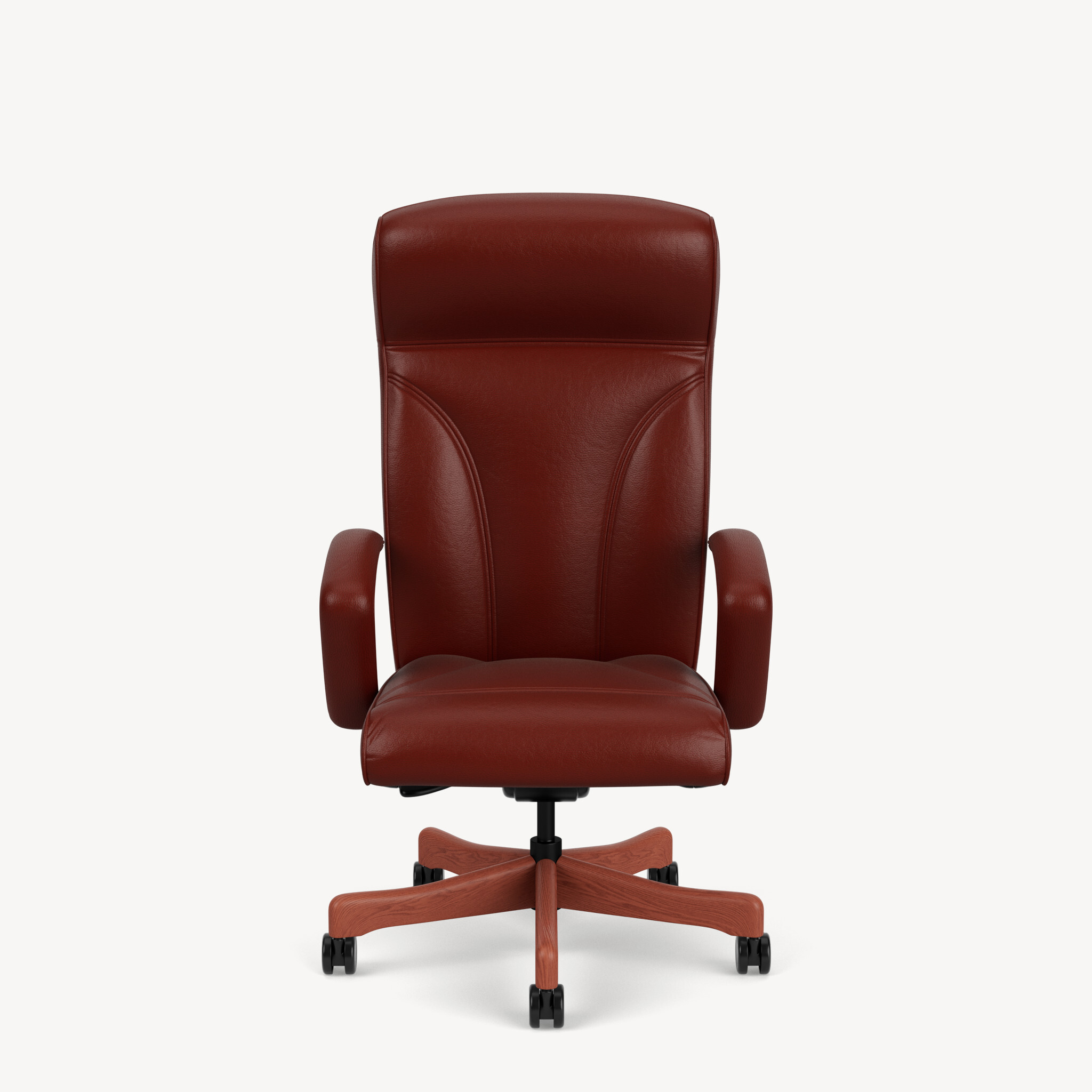 Oslo-high-back-upholstered-c-arm-cinnabar-wood-base-redbrown-leather-front