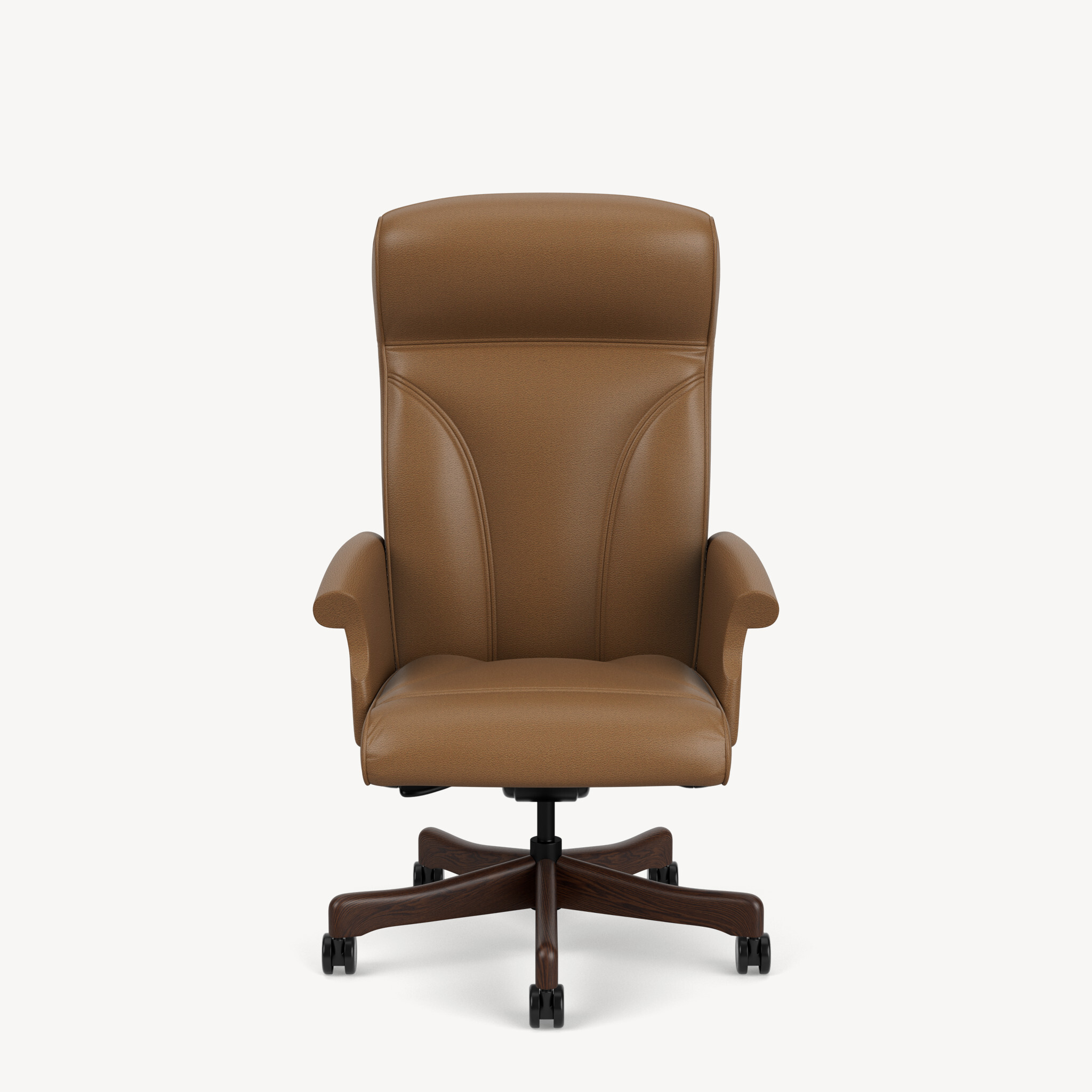 Oslo-high-back-wing-arm-black-walnut-base-brown-leather-front
