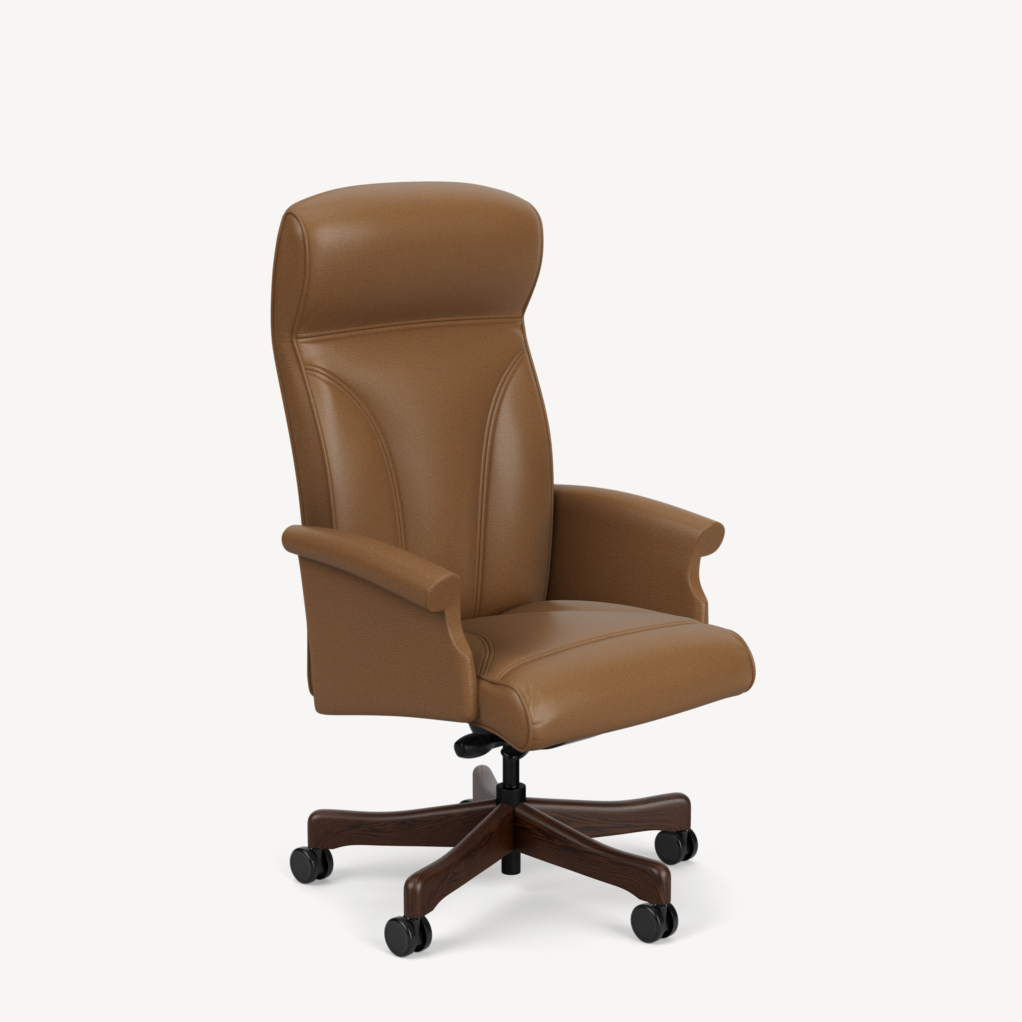 Oslo-high-back-wing-arm-black-walnut-base-brown-leather-front45
