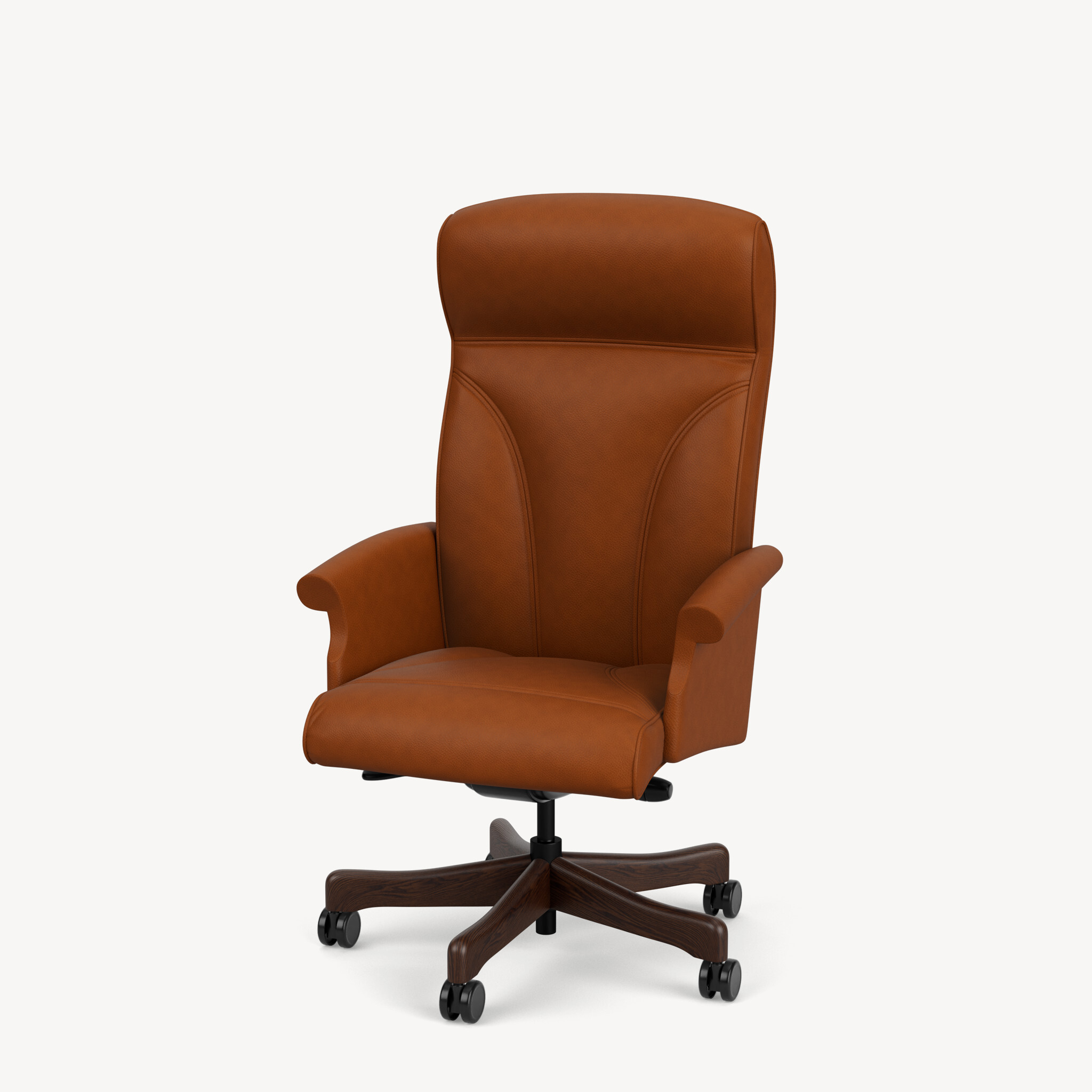 Oslo-high-back-wing-arm-black-walnut-base-redbrown-leather-front45
