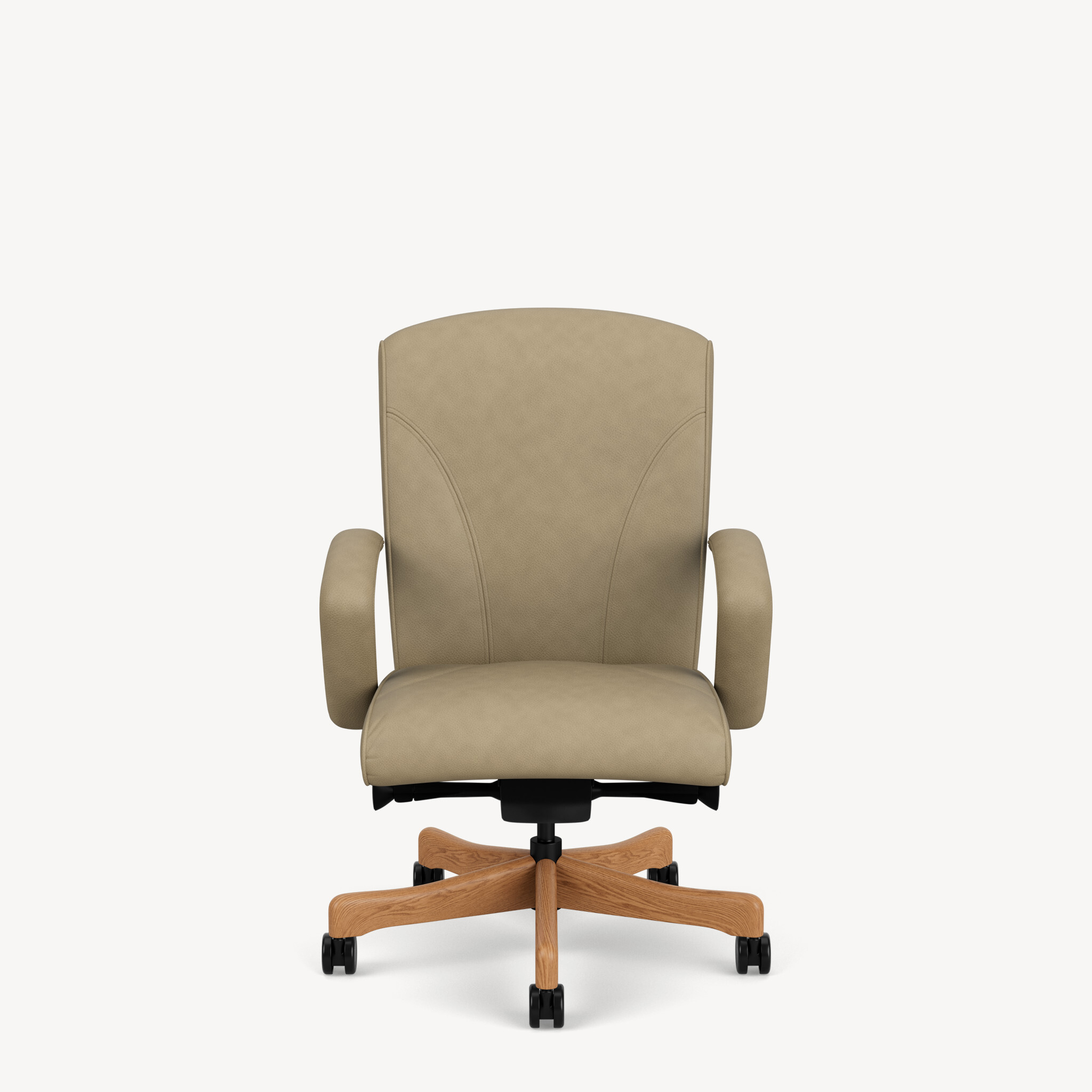 Oslo-mid-back-upholstered-c-arm-cherry-base-taupe-leather-front