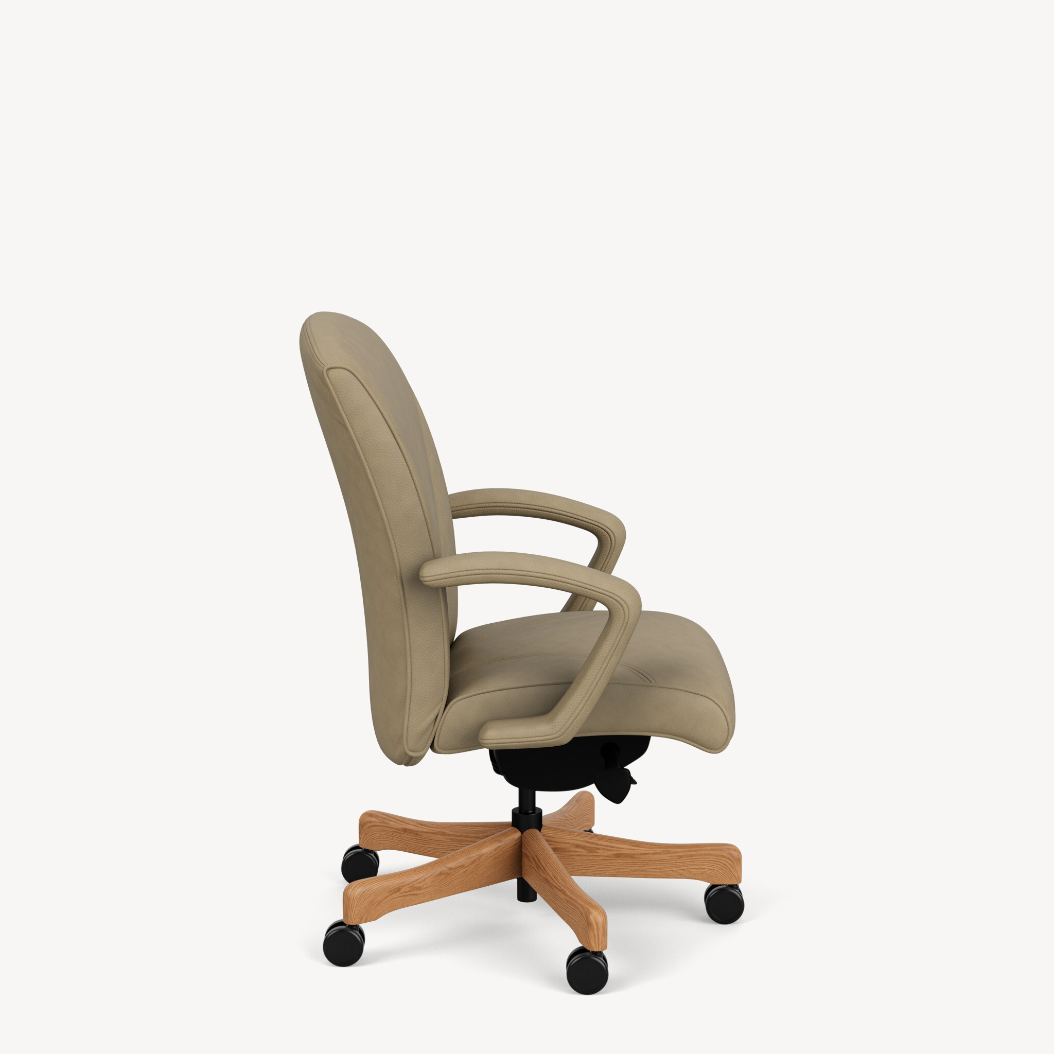 Oslo-mid-back-upholstered-c-arm-cherry-base-taupe-leather-side