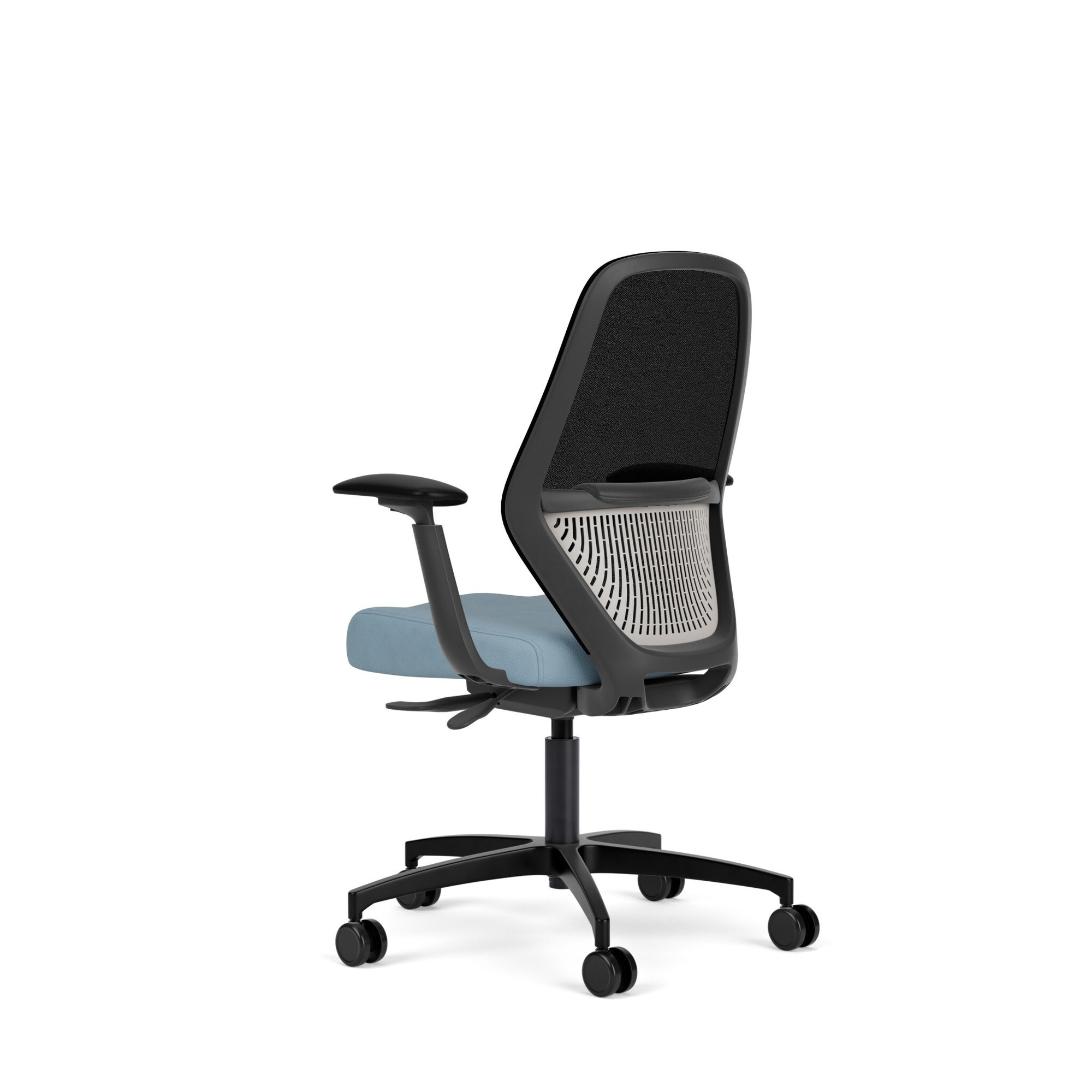 Rise black framework with blue seat & black mesh, back view