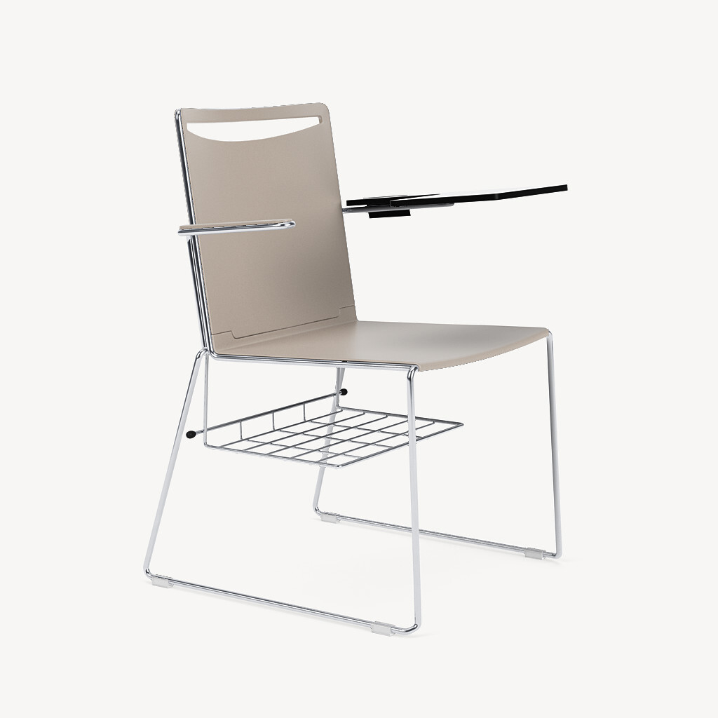 801-chrome-frame-sand-poly-arms-white-tablet-arm-chrome-bookrack-front45