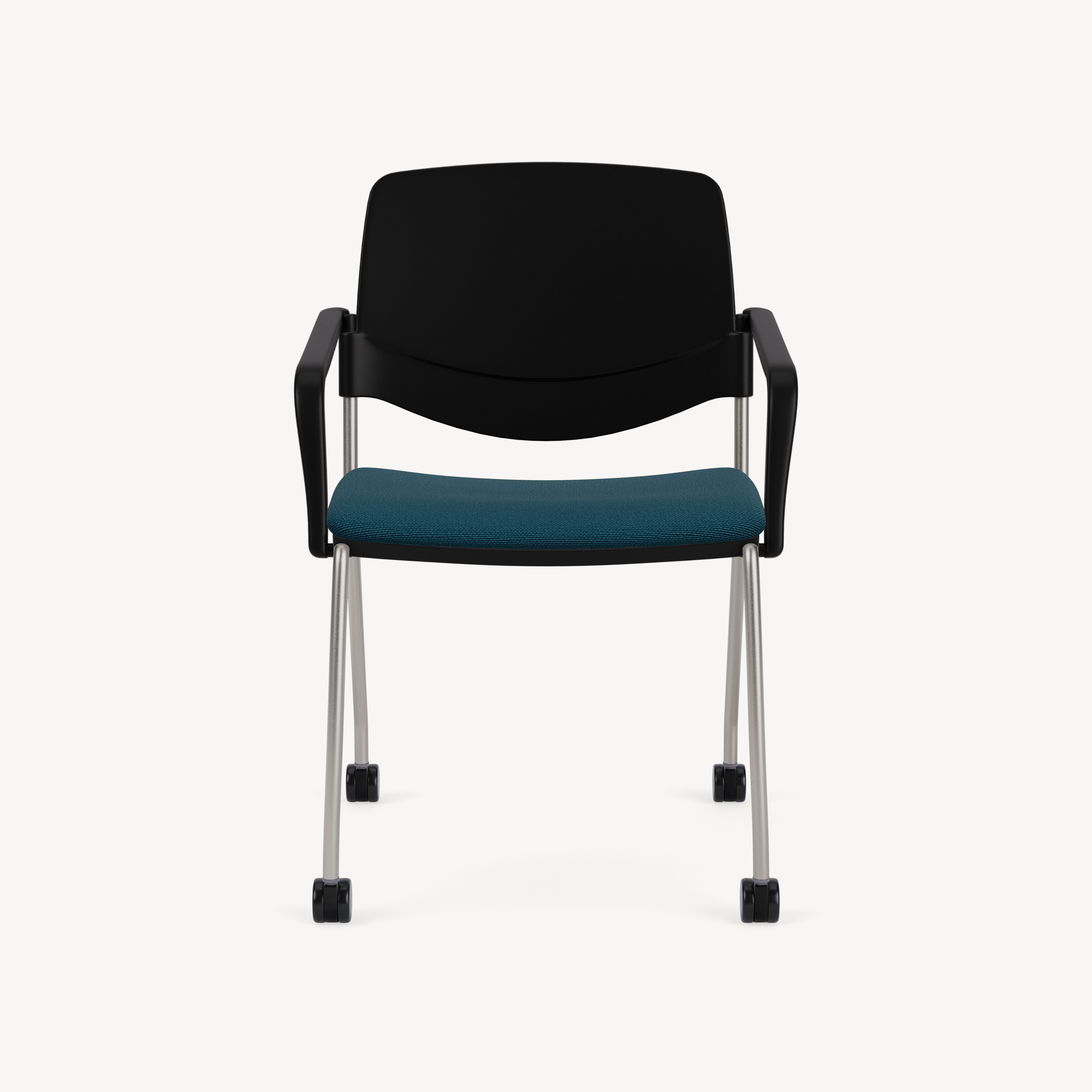 602-black-poly-black-arms-blue-upholstered-seat-casters-front