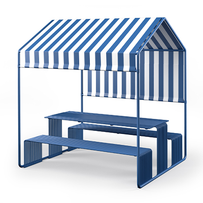 Sierra.015 blue picnic table with blue-white striped cabana