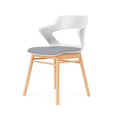 Zee white poly on a beech 4-leg wood base with upholstered grey seat